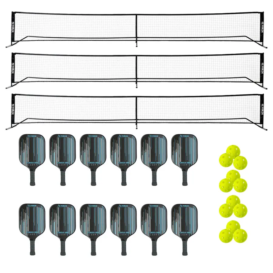 Pickleball Skoleset | 12 spelare Paket | 3 nät | 12 rack | 12 bollar 